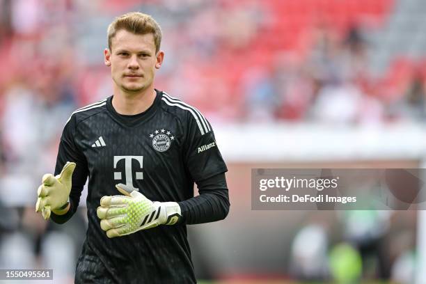 Goalkeeper Alexander Nuebel of Bayern Muenchen Looks on during the team presentation of FC Bayern München at Allianz Arena on July 23, 2023 in...