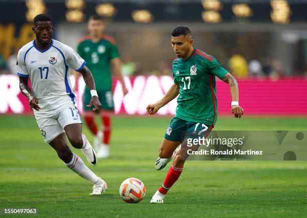 Yoel Barcenas of Team Panama controls the ball against Orbelin Pineda of Team Mexico in the first half during the Concacaf Gold Cup final match...