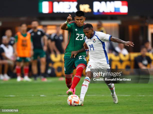 Jesus Gallardo of Mexico and Alberto Quintero of Panama in the second half during the Concacaf Gold Cup final match between Mexico and Panama at SoFi...