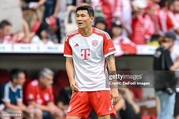 Minjae Kim of Bayern Muenchen Looks on during the team presentation of FC Bayern München at Allianz Arena on July 23, 2023 in Munich, Germany.