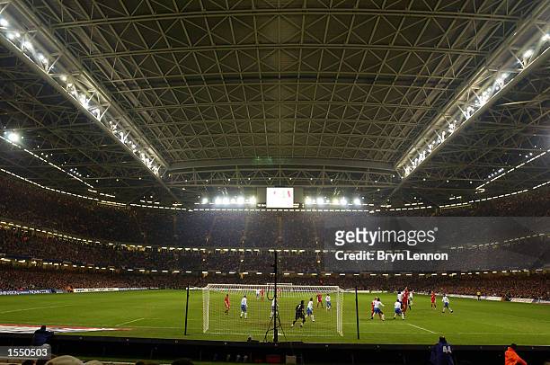 Full capacity crowd watches the 2004 European Champioship Group 9 Qualifying match between Wales and Italy on October 16, 2002 played at the...