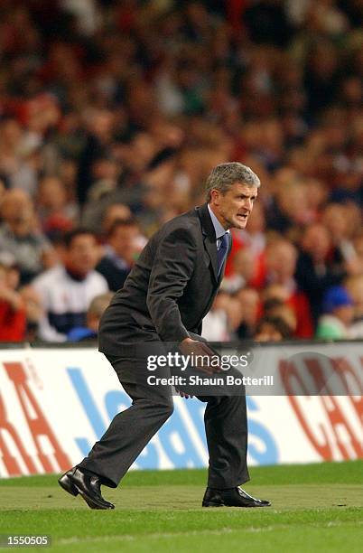 Wales Manager Mark Hughes encourages his team during the 2004 European Champioship Group 9 Qualifying match between Wales and Italy on October 16,...