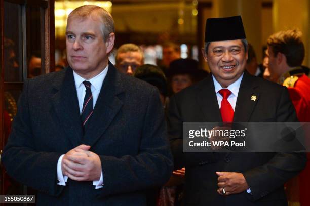 Prince Andrew, Duke of York and Indonesian President Susilo Bambang Yudhoyono leave the Grosvenor House Hotel during the President's State Visit, on...