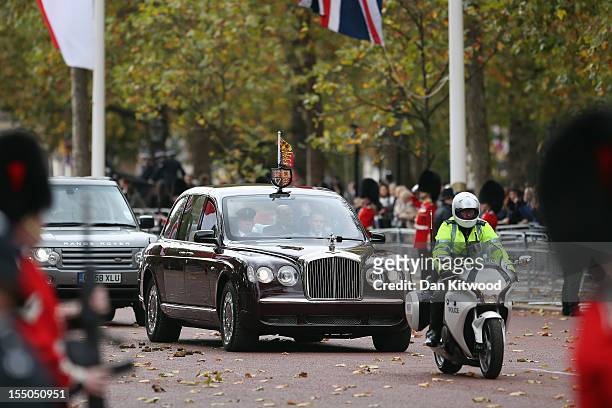 Prince Philip, Duke of Edinburgh and Queen Elizabeth II proceed along The Mall to greet Susilo Bambang Yudhoyono, the President of the Republic of...