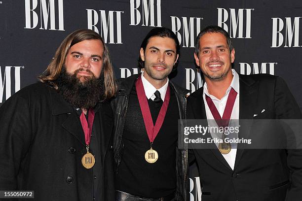 Levi Lowrey, Nic Cowan and Wyatt Durrette attend the 60th annual BMI Country awards at BMI on October 30, 2012 in Nashville, Tennessee.