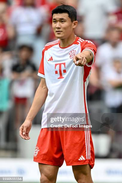 Minjae Kim of Bayern Muenchen gestures during the team presentation of FC Bayern München at Allianz Arena on July 23, 2023 in Munich, Germany.