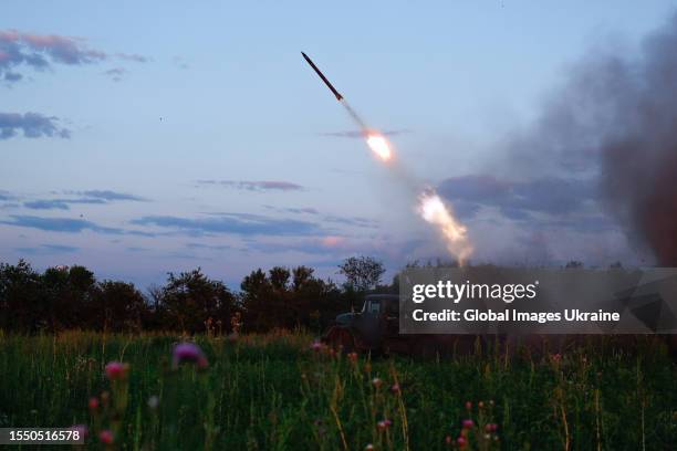 Ukrainian artillerymen of the Grad-1 multiple rocket launcher launch a missile attack on Russian military positions in the Bakhmut direction on July...