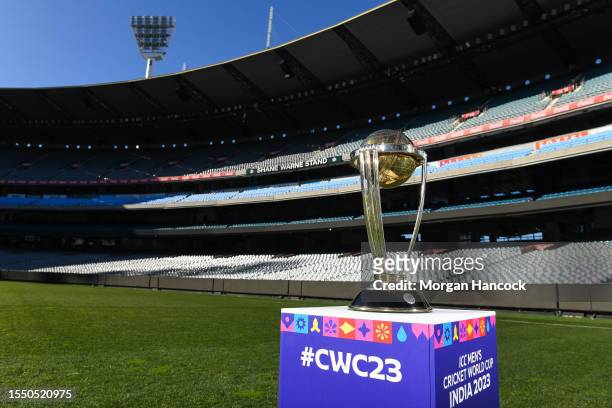 General view of The ICC Men's Cricket World Cup trophy during an ICC World Cup Media Opportunity at Melbourne Cricket Ground on July 17, 2023 in...