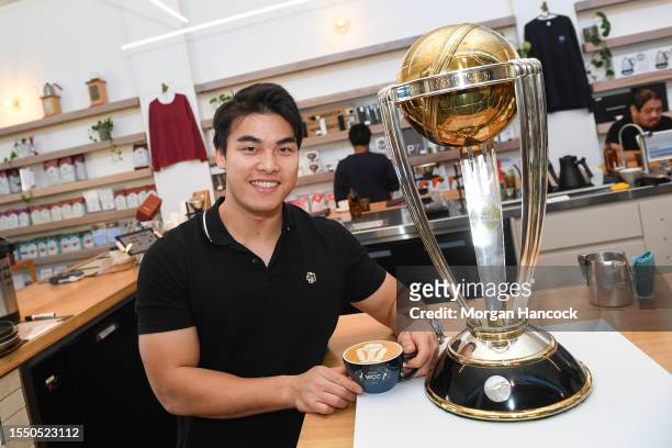 The ICC Men's Cricket World Cup trophy can be seen during an ICC World Cup Media Opportunity at ONA Coffee Melbourne on July 17, 2023 in Melbourne,...