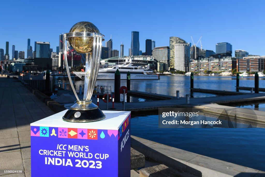 The ICC Men's Cricket World Cup trophy can be seen in front of the
