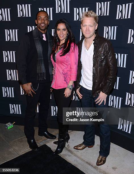 Damien Horne, Krista Marie and Nick Hoffman of the band The Farm attend the 60th Annual BMI Country Awards at BMI on October 30, 2012 in Nashville,...