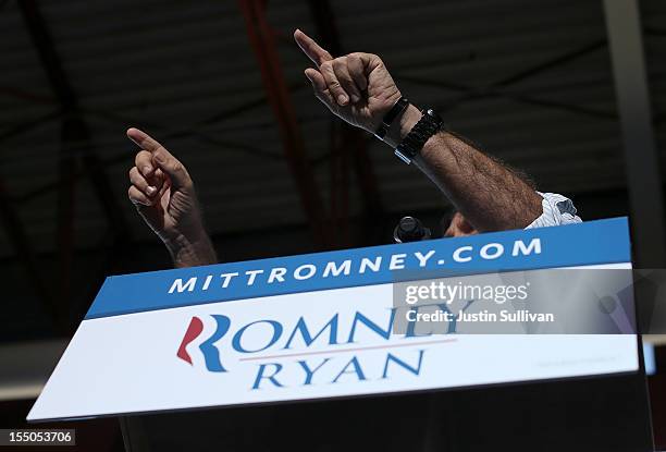 Republican presidential candidate, former Massachusetts Gov. Mitt Romney speaks during campaign rally at Tampa International Airport on October 31,...