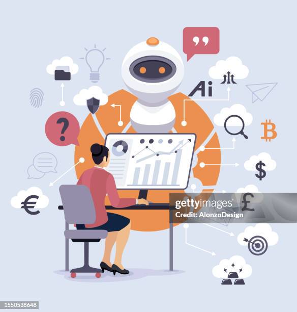 new business concept. technology and finance trends. robot with character analyzing infographic. - virtual business strategy stock illustrations