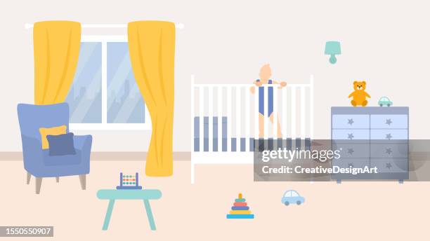 stockillustraties, clipart, cartoons en iconen met baby standing in the crib. baby room interior with baby crib, armchair, dresser and toys - slaapkamer