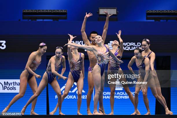 Members of Team China compete in the Artistic Swimming Team Acrobatic Final on day four of the Fukuoka 2023 World Aquatics Championships at Marine...