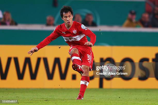 Shinji Okazaki of Stuttgart controles the ball during the second round match of the DFB Cup between VfB Stuttgart and FC St.Pauli at Mercedes-Benz...