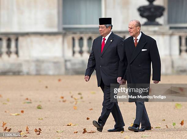 Susilo Bambang Yudhoyono, President of the Republic of Indonesia and Prince Philip, Duke of Edinburgh walk across Horse Guards Parade after...