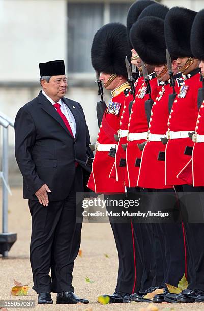 Susilo Bambang Yudhoyono, President of the Republic of Indonesia inspects a guard of honour during the ceremonial welcome at Horse Guards Parade for...