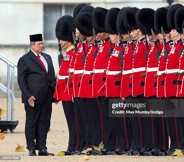 Susilo Bambang Yudhoyono, President of the Republic of Indonesia inspects a guard of honour during the ceremonial welcome at Horse Guards Parade for...