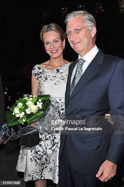 Princess Mathilde and Prince Philippe of Belgium arrive at Theatre des Champs-Elysees on October 31, 2012 in Paris, France.