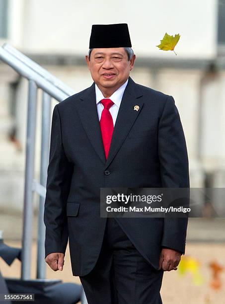 Susilo Bambang Yudhoyono, President of the Republic of Indonesia attends his ceremonial welcome at Horse Guards Parade on day one of his state visit...