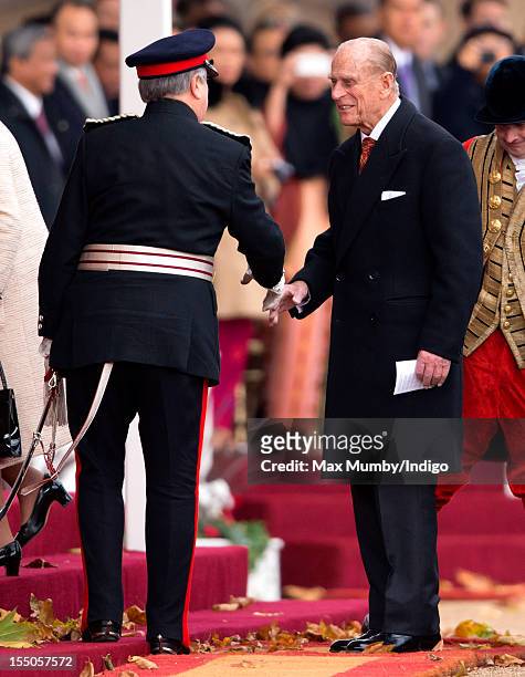 Sir David Brewer, Lord-Lieutenant of Greater London greets Prince Philip, Duke of Edinburgh as he attends the ceremonial welcome for the President of...