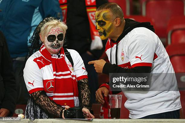 Supporters of Stuttgart are dressed up for Halloween during the second round match of the DFB Cup between VfB Stuttgart and FC St.Pauli at...
