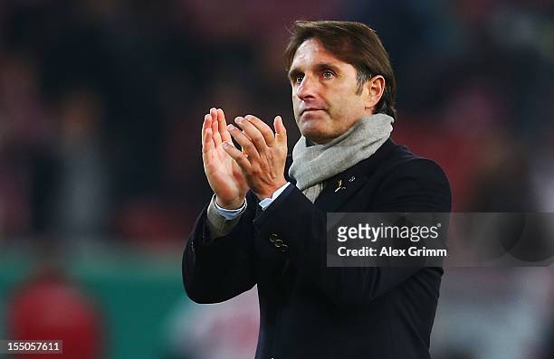 Head coach Bruno Labbadia of Stuttgart celebrates after the second round match of the DFB Cup between VfB Stuttgart and FC St.Pauli at Mercedes-Benz...