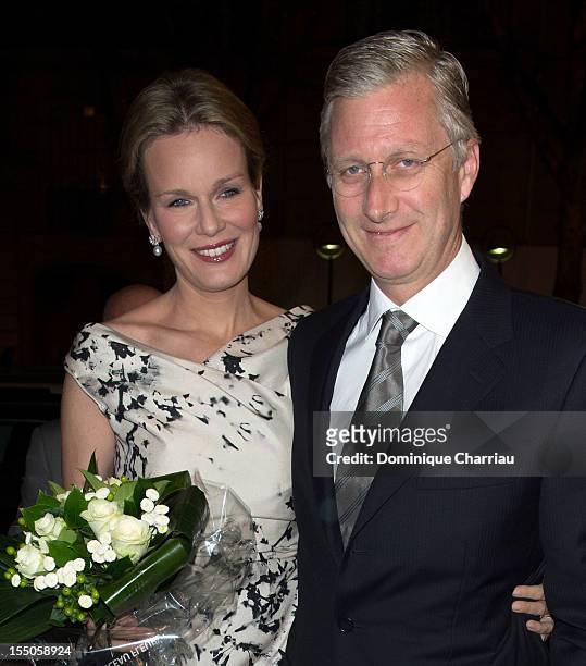 Princess Mathilde and Prince Philippe of Belgium arrive for the "Liege a Paris" concert at Theatre des Champs-Elysees on October 31, 2012 in Paris,...