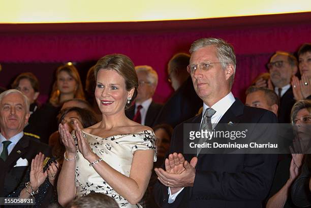 Princess Mathilde and Prince Philippe of Belgium applaud prior to the concert 'Liege A Paris' at Theatre des Champs-Elysees on October 31, 2012 in...