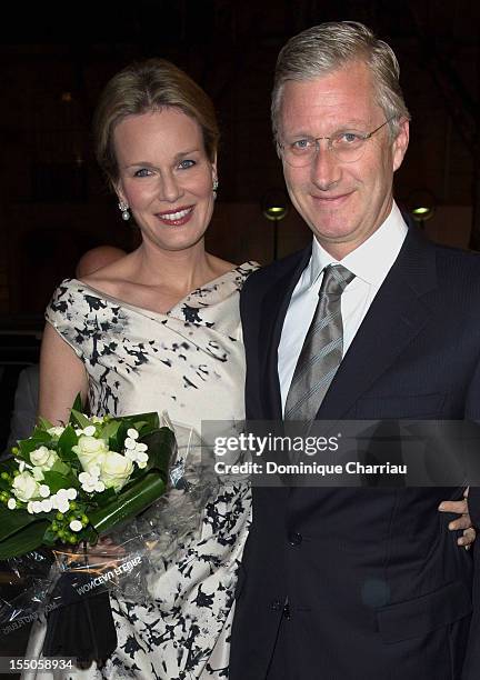 Princess Mathilde and Prince Philippe of Belgium arrive for the "Liege a Paris" concert at Theatre des Champs-Elysees on October 31, 2012 in Paris,...