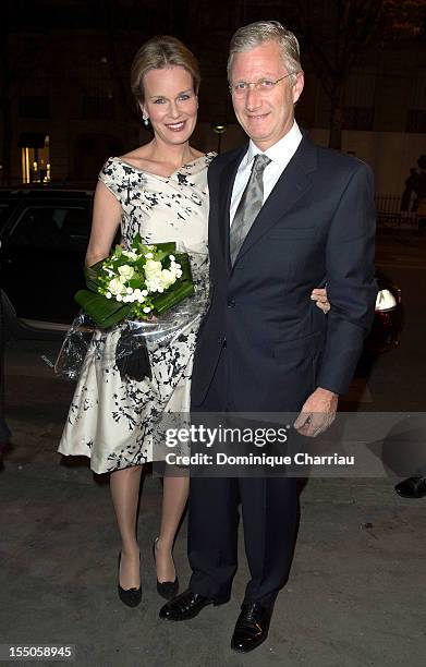 Princess Mathilde and Prince Philippe of Belgium arrive for the "Liege a Paris" concert at Theatre des Champs-Elysees on October 31, 2012 in Paris,...