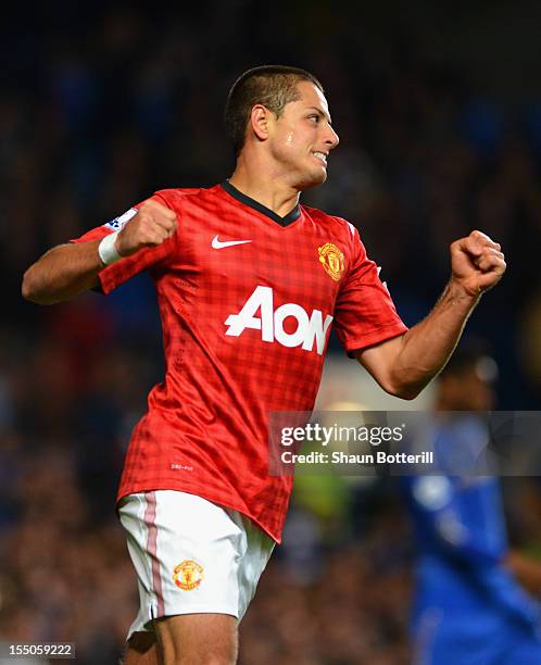 Javier Hernandez of Manchester United celebrates his goal during the Capital One Cup Fourth Round match between Chelsea and Manchester United at...