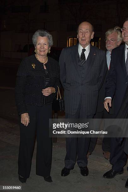 Former French President Valery Giscard d'Estaing and his wife Anne-Aymone attend the "Liege a Paris" concert at Theatre des Champs-Elysees on October...