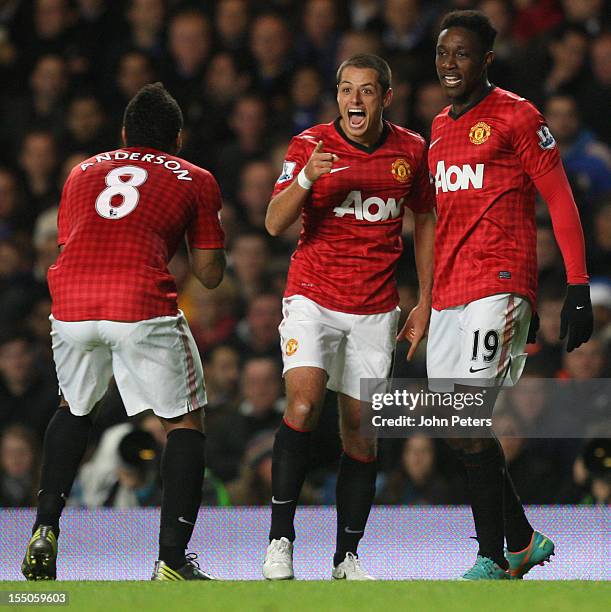 Javier "Chicharito" Hernandez of Manchester United celebrates scoring their second goal during the Capital One Cup Fourth Round match between Chelsea...