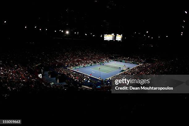 General view of the stadium as Paul Henri Mathieu of France plays a match against Andy Murray of Great Britain during day 3 of the BNP Paribas...