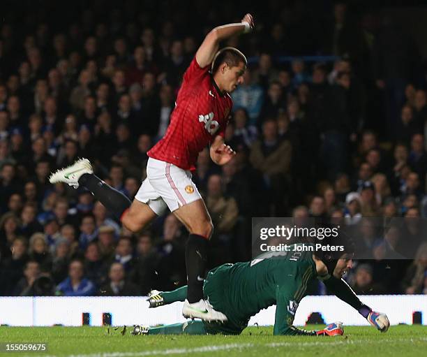 Javier "Chicharito" Hernandez of Manchester United scores their second goal during the Capital One Cup Fourth Round match between Chelsea and...