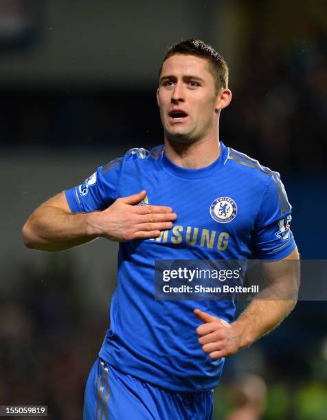 Gary Cahill of Chelsea celebrates his goal during the Capital One Cup Fourth Round match between Chelsea and Manchester United at Stamford Bridge on...