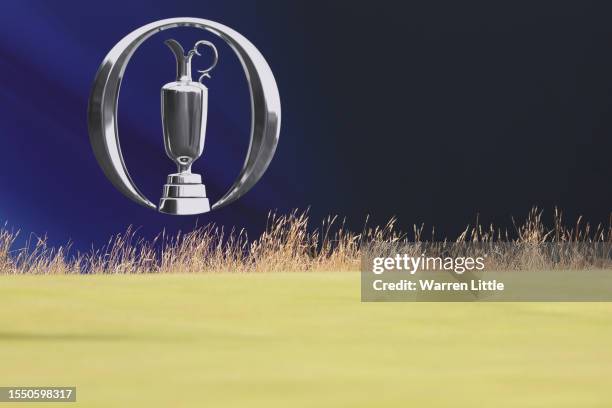 Detailed view of Open branding on the 3rd green during a practice round prior to The 151st Open at Royal Liverpool Golf Club on July 17, 2023 in...