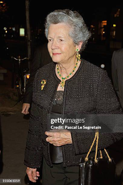 Anne Aymone Giscard d'Estaing, the wife of former French President Valery Giscard d'Estaing, arrives at Theatre des Champs-Elysees to attend the...