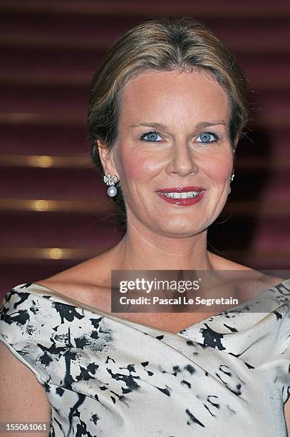 Princess Mathilde of Belgium poses as she arrives at Theatre des Champs-Elysees to attend the 'Liege A Paris' Concert performed by the Liege Royal...