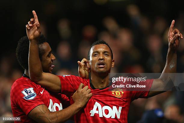 Nani of Manchester United celebrates his goal with Anderson during the Capital One Cup Fourth Round match between Chelsea and Manchester United at...