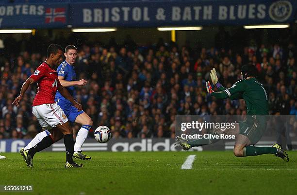 Nani of Manchester United scores his goal during the Capital One Cup Fourth Round match between Chelsea and Manchester United at Stamford Bridge on...