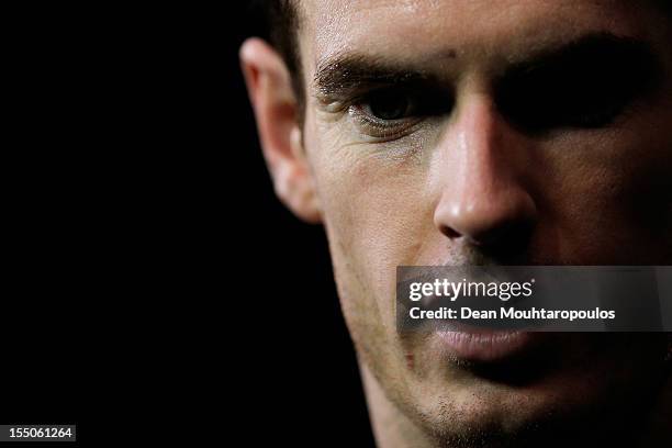 Andy Murray of Great Britain speaks to the media after victory against Paul Henri Mathieu of France during day 3 of the BNP Paribas Masters at Palais...