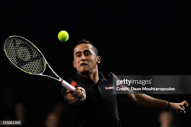 Nicolas Almargo of Spain in action against Albert Ramos of Spain during day 3 of the BNP Paribas Masters at Palais Omnisports de Bercy on October 31,...