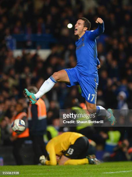 Eden Hazard of Chelsea celebrates his penalty during the Capital One Cup Fourth Round match between Chelsea and Manchester United at Stamford Bridge...