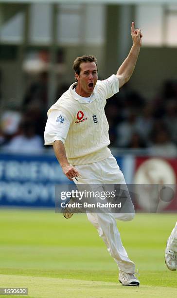 Michael Vaughan of England celebrates after getting a wicket off Sachin Tendulkar during the fifth day of the NPower Second Test match between...