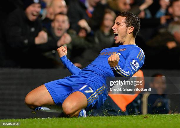 Eden Hazard of Chelsea celebrates his penalty during the Capital One Cup Fourth Round match between Chelsea and Manchester United at Stamford Bridge...