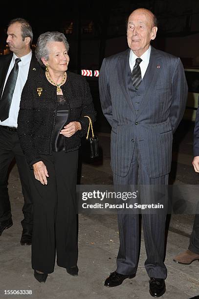 Former French President Valery Giscard d'Estaing and his wife Anne Aymone arrive at Theatre des Champs-Elysees to attend the 'Liege A Paris' Concert...