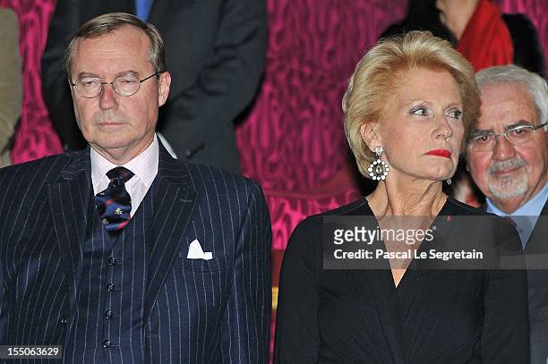Prince Jean of Luxembourg and Monique Raimond, the wife of former French Foreign Minister Jean-Bernard Raimond, stand up at Theatre des...